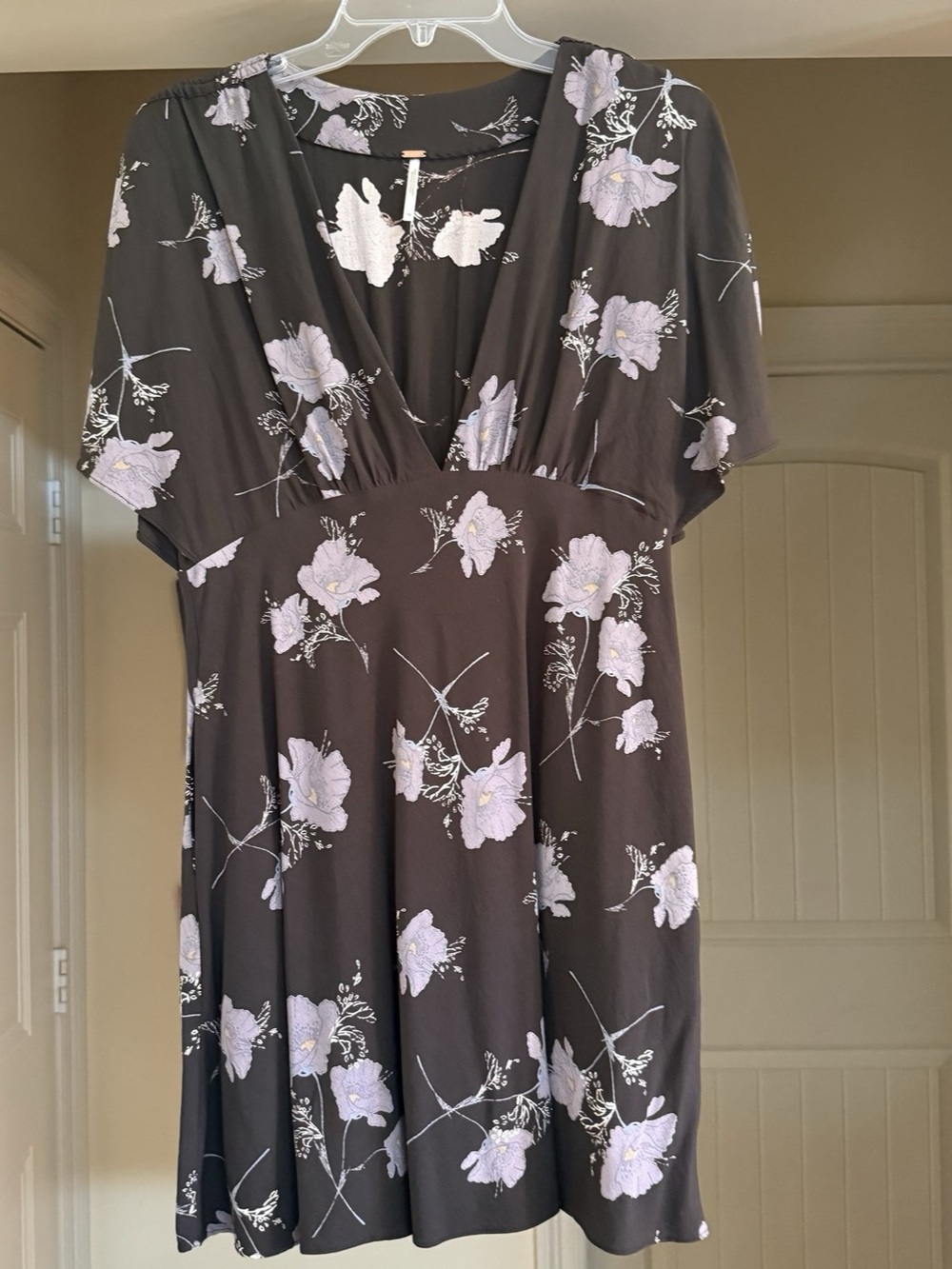 Free People Black Floral Surplice V-Neck Flutter Sleeve Mini Dress - Size 10